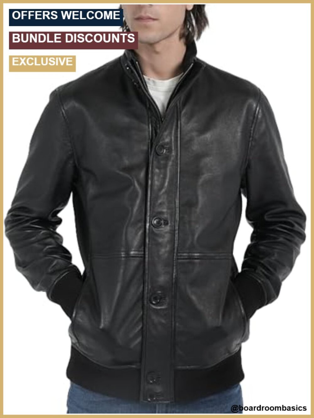 Genuine Lambskin Leather Bomber Jacket Stand Collar Horn Buttons Ribbed Cuffs